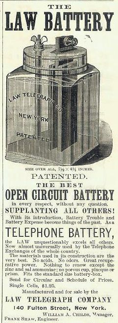 Law Battery Jar advert from 1883